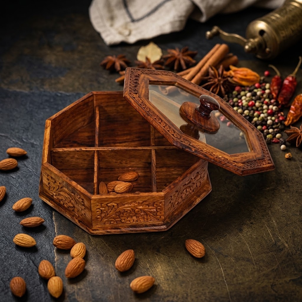 Handcrafted Wooden Dry Fruit Pot – Traditional Carved Storage Jar with Lid view 2