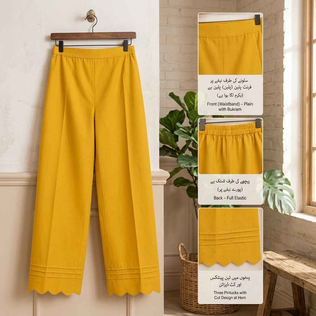 Women’s Mustard Yellow Cotton Palazzo Pants with Pintuck & Scalloped Hem view 3