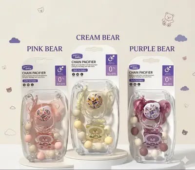Luxury BPA Free Baby Pacifier & Chain Clip Set | Soft Silicone Newborn Soother with Cute Bear Pendant | Baby Gift Collection-Random color view 3