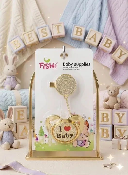 Luxury Golden Baby Pacifier with Chain Clip Set - Rhinestone Crystal I Love Mum Chosni - Orthodontic Silicone Soother Holder for Newborn Infants view 2