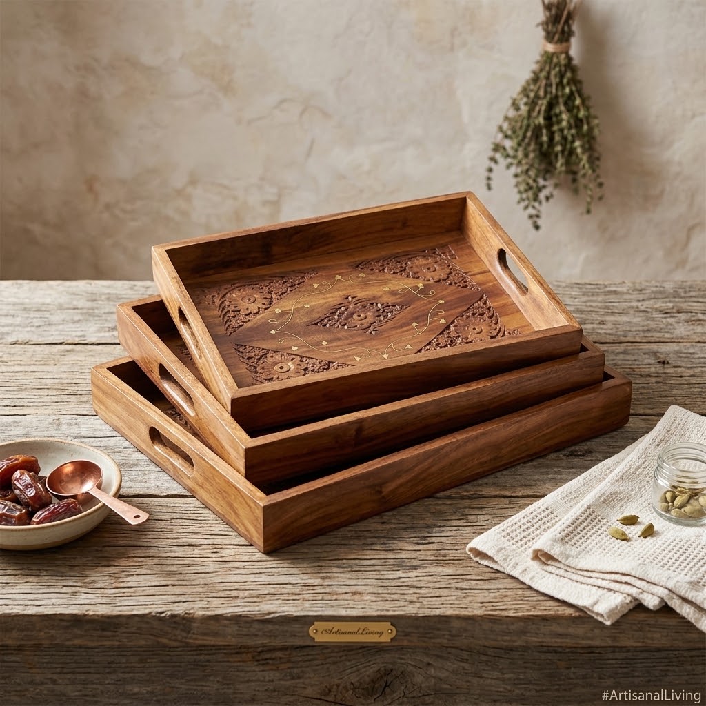 Handcrafted Wooden Tray Set of 3 with Brass Carving view 3