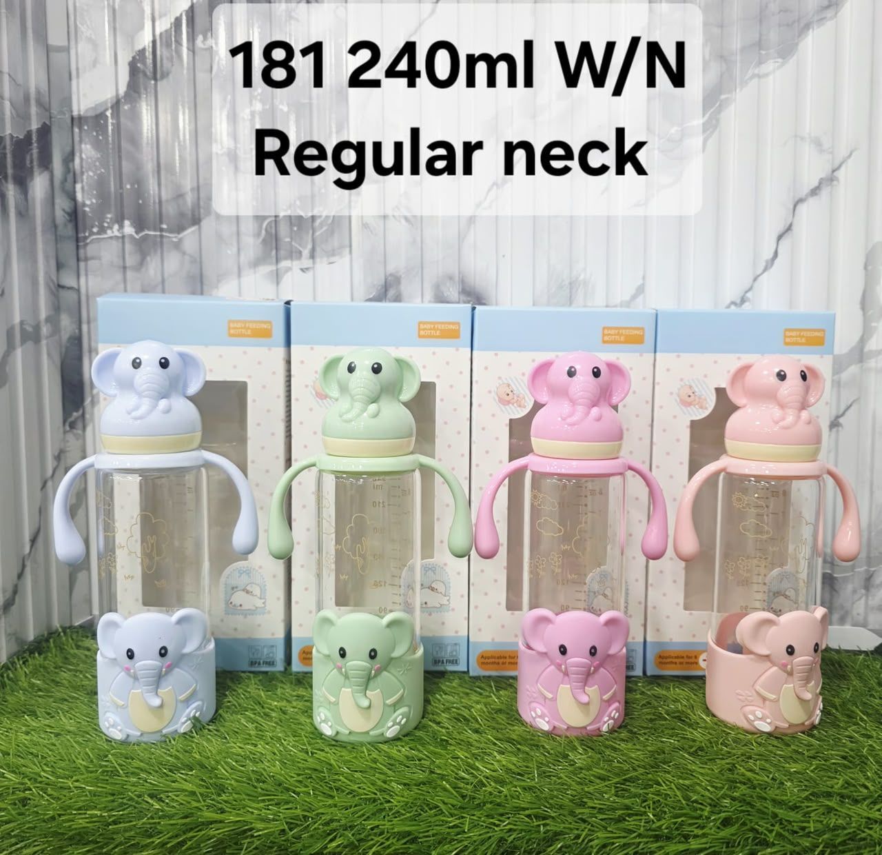 Premium Glass Baby Feeding Bottle | Anti-Colic Regular Nipple & Ergonomic Handles | Adorable 3D Elephant Design | 240ml Large view 4