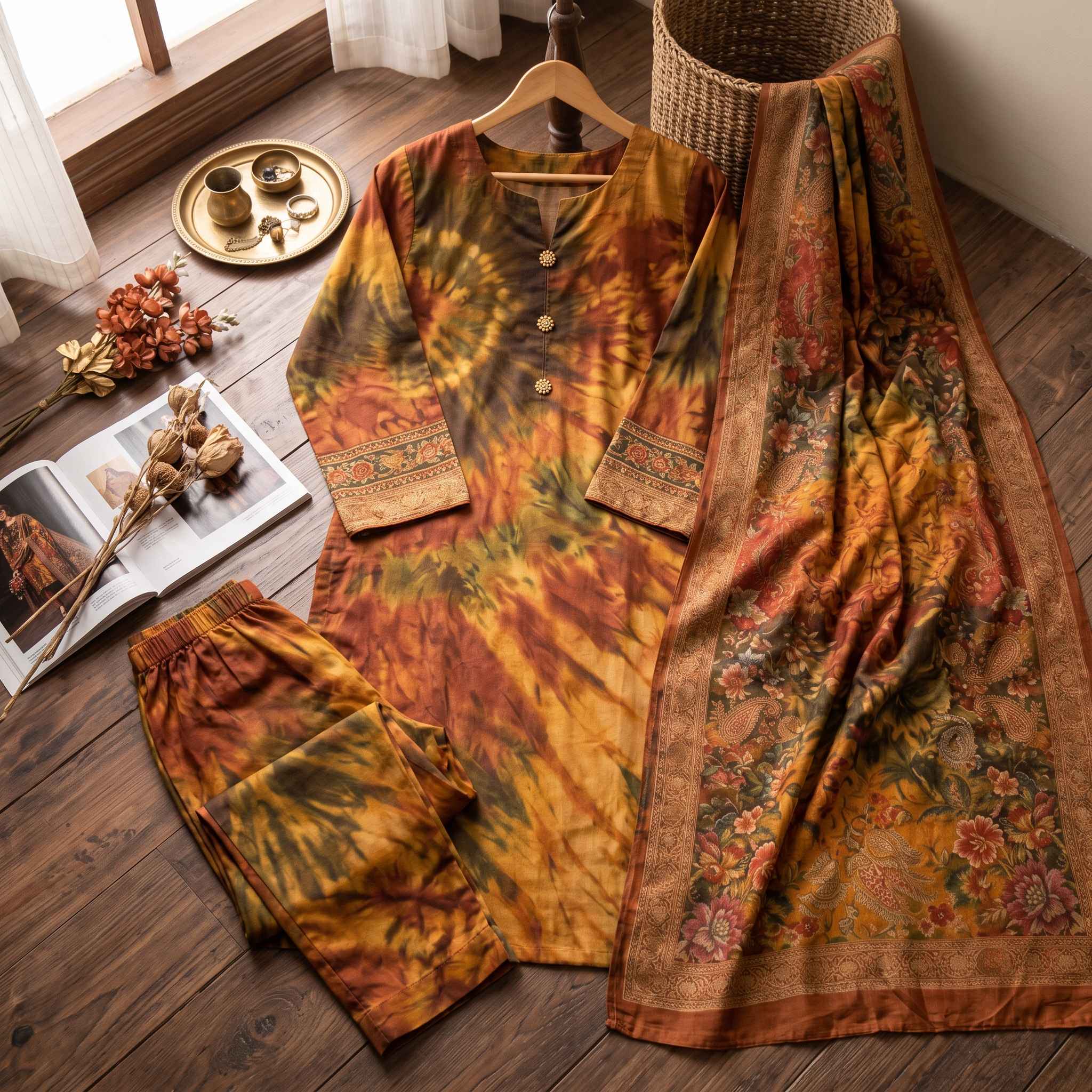 3 Piece Digital Printed China Silk Suit with Airline Shirt, Trouser & Dupatta | Unstitched Women’s Dress view 3
