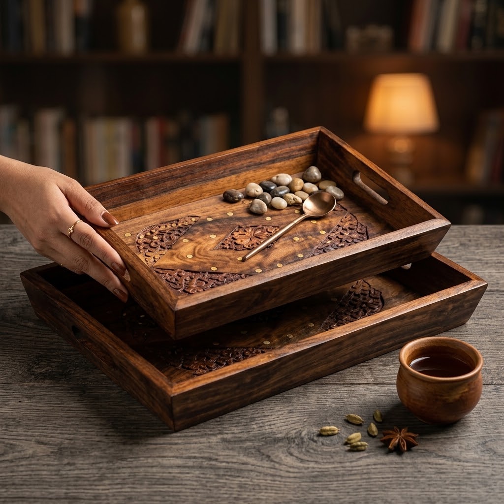 Handcrafted Wooden Tray Set of 3 with Brass Carving view 2