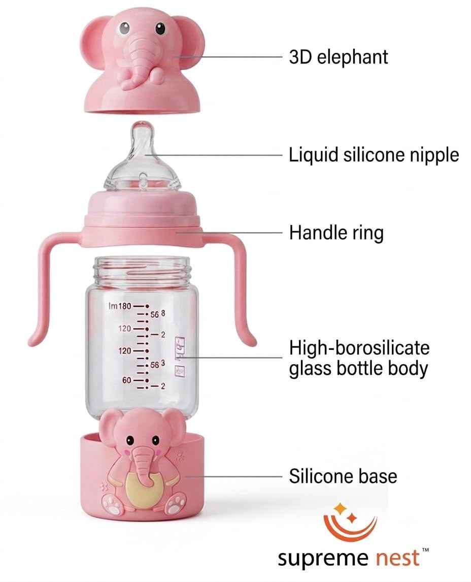 Premium Glass Baby Feeding Bottle | Anti-Colic Regular Nipple & Ergonomic Handles | Adorable 3D Elephant Design | 240ml Large view 3