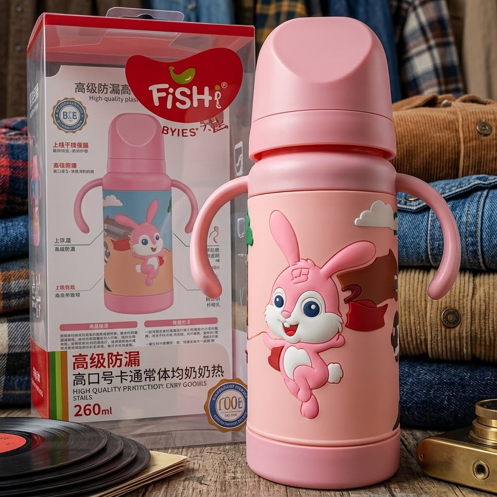 FISH Premium 260ml Glass Baby Feeder Bottle with Protective Silicone Sleeve & Dual Easy-Grip Handles Random Color