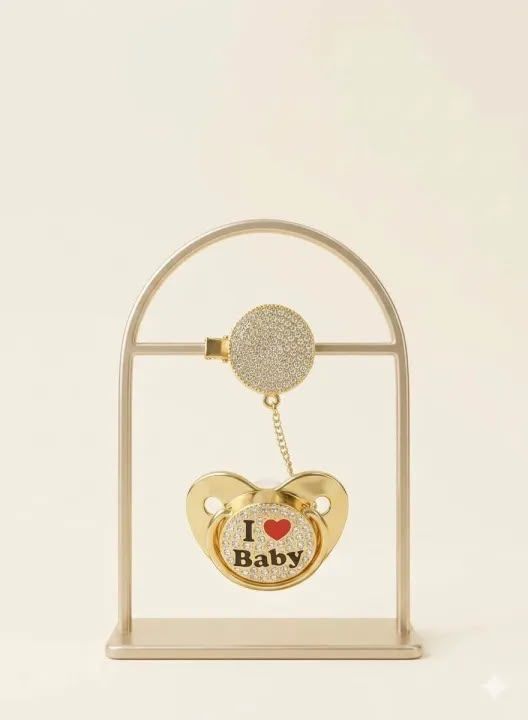 Luxury Golden Baby Pacifier with Chain Clip Set - Rhinestone Crystal "I Love Mum" Chosni - Orthodontic Silicone Soother Holder for Newborn Infants