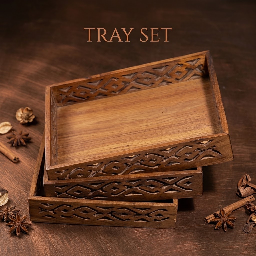 Wooden Cut Work Tray Set of 3 view 3