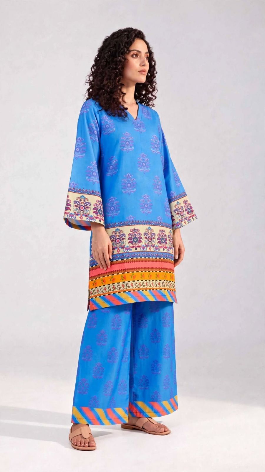 Women’s 2-Piece Pret Stitched Co-Ord Set/Kameez Shalwar Lawn Fabric - Blue view 2