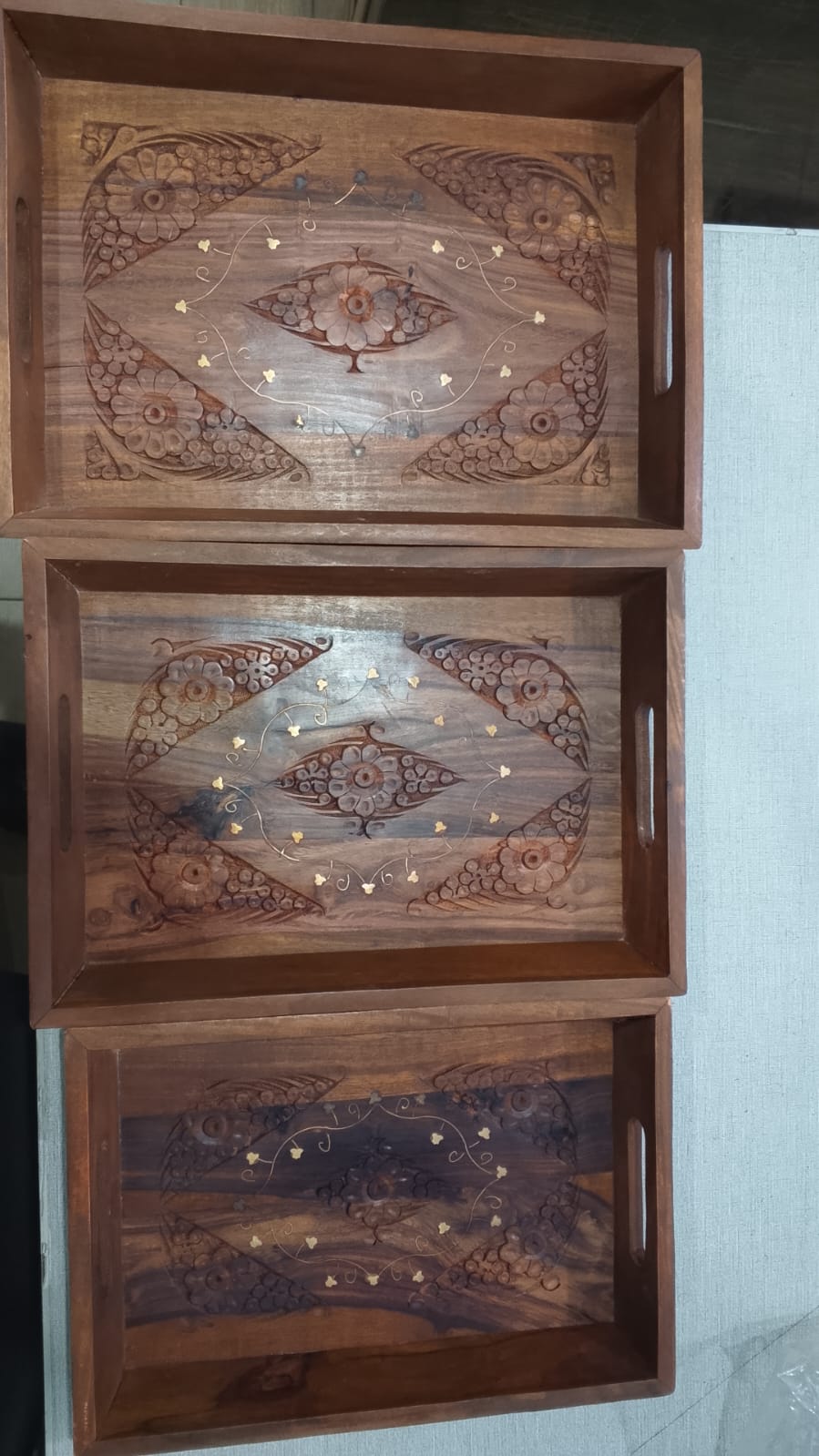 Handcrafted Wooden Tray Set of 3 with Brass Carving view 4