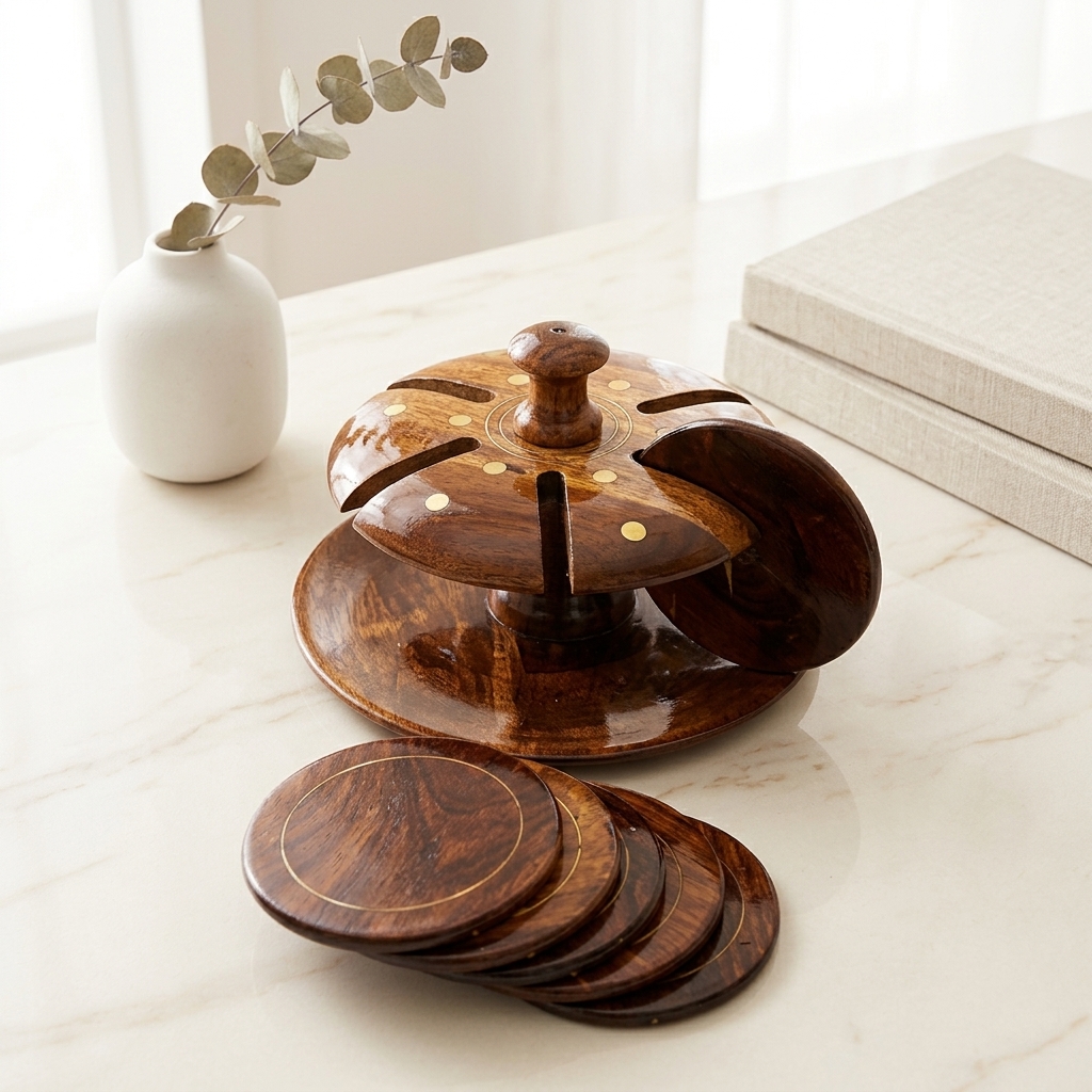 Handcrafted Wooden Brass Tea Matts with Stand