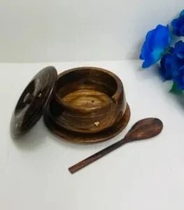 Handcrafted Wooden Brass Carving Sugar Pot - 6 inches view 3
