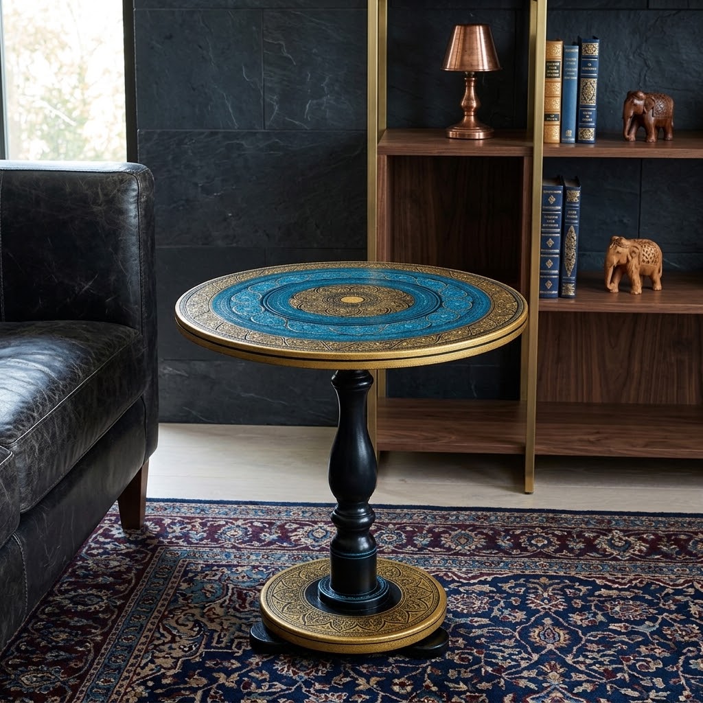 Handmade Wooden Naqshi Art Round Table - 18 inches view 4