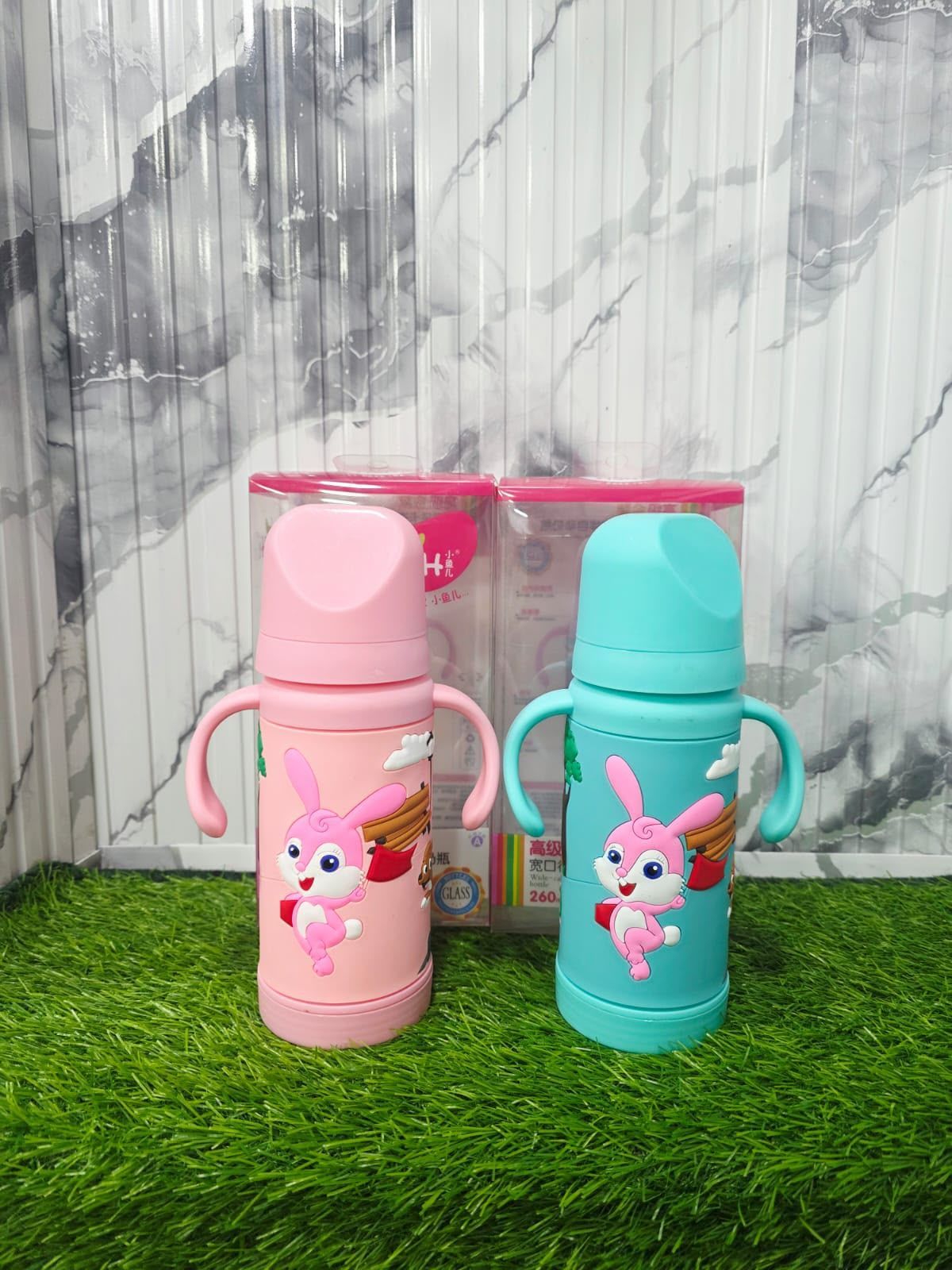 FISH Premium 260ml Glass Baby Feeder Bottle with Protective Silicone Sleeve & Dual Easy-Grip Handles Random Color view 3