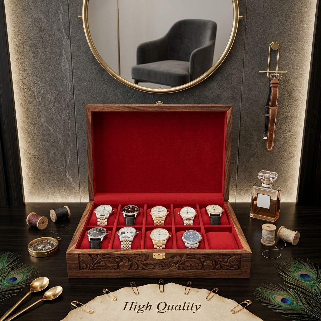 Premium Wooden Carved Watch Box - 10 Slots