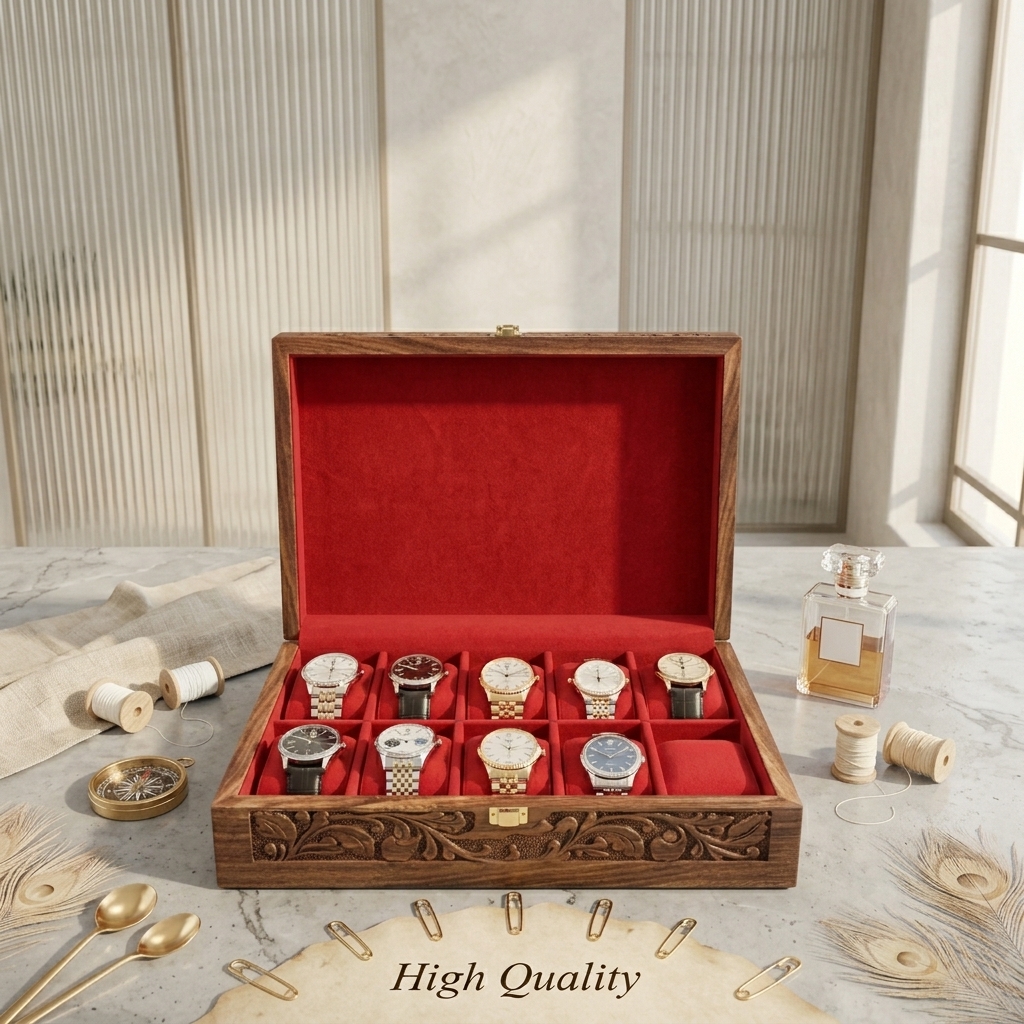 Premium Wooden Carved Watch Box - 10 Slots view 2