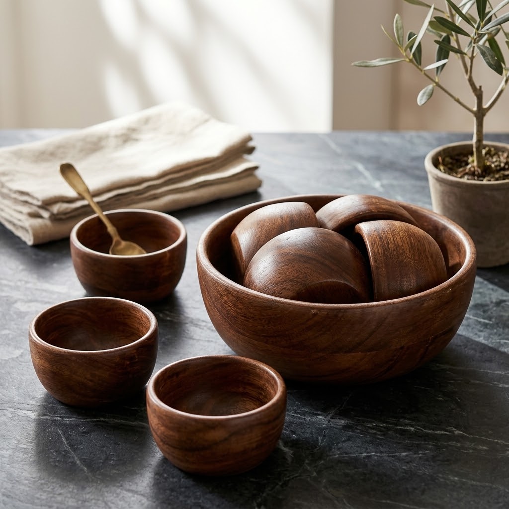 Handcrafted Wooden Serving Bowl Set (1 Large + 6 Small Bowls) view 2