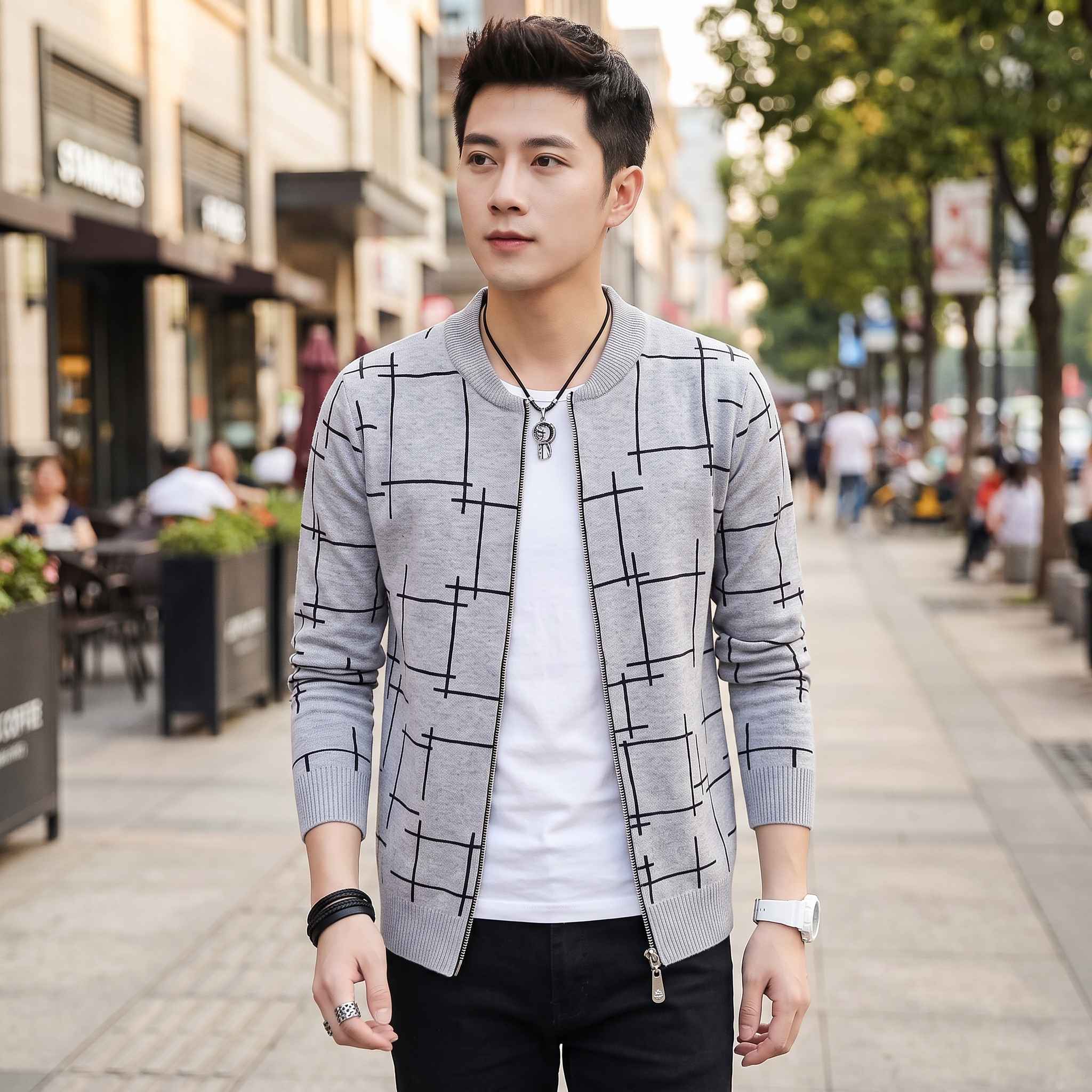 Men's Grey Checkered Bomber Jacket view 3