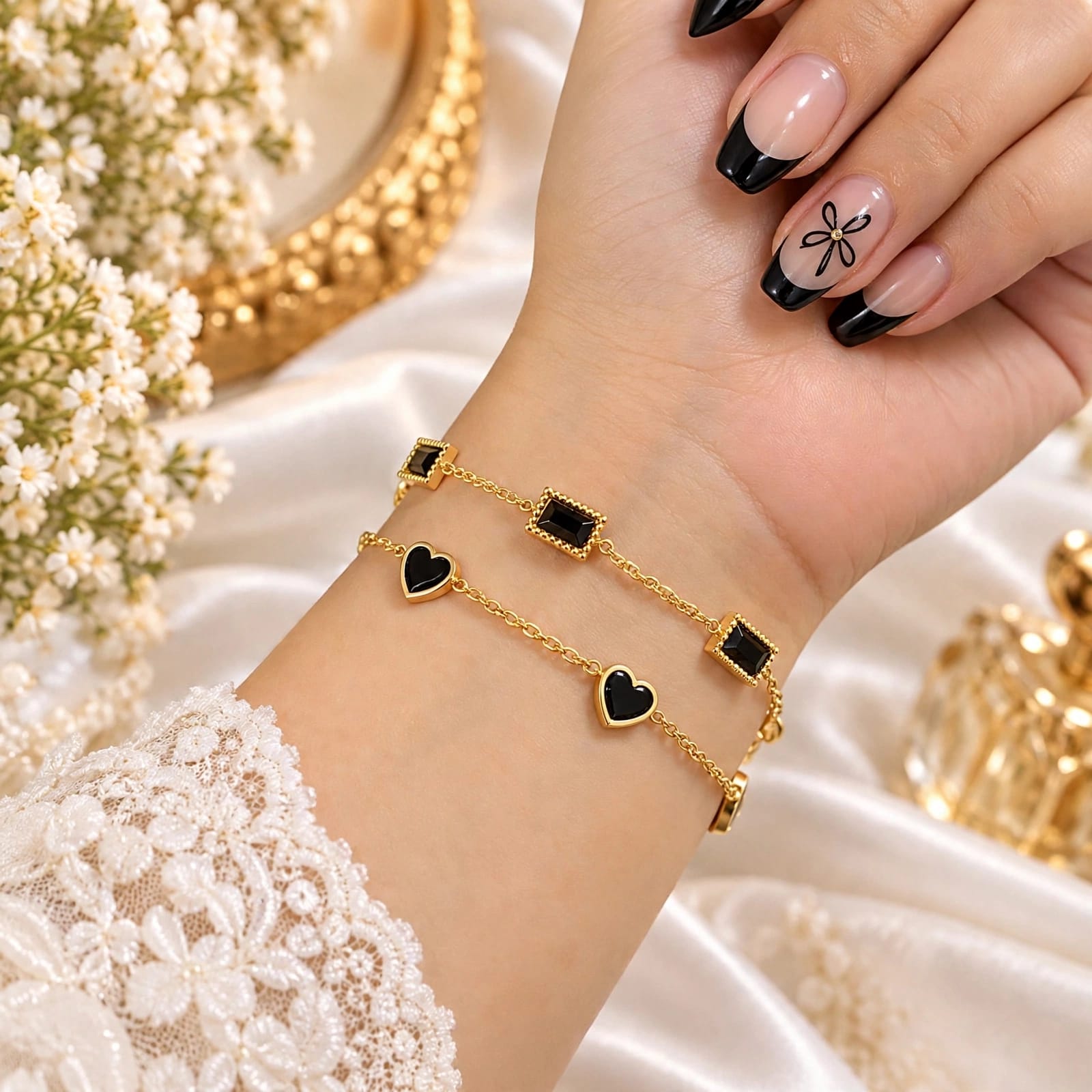 Double Layer Black Heart Bracelet - Premium Gold Plated