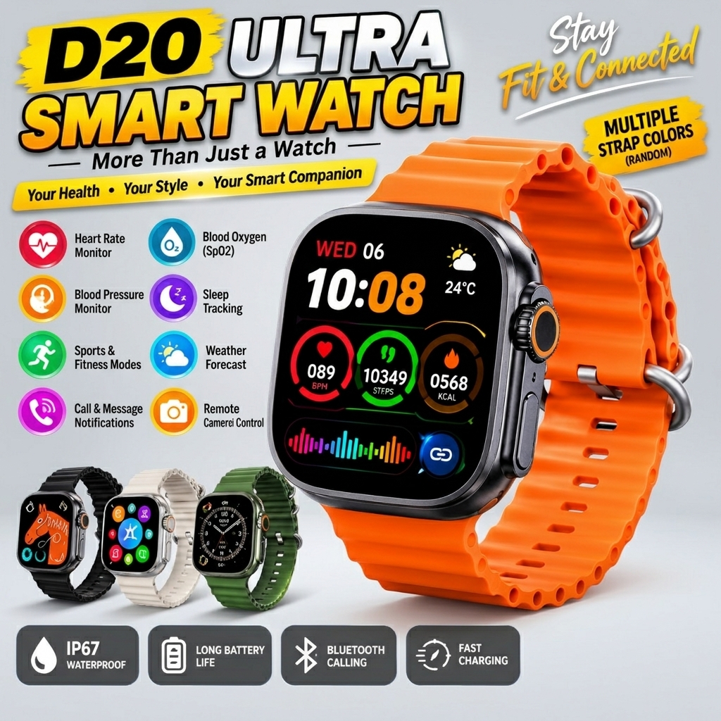 D20 Ultra Smart Watch – Premium HD Display Fitness Tracker | Heart Rate, Blood Oxygen & Sleep Monitoring view 2