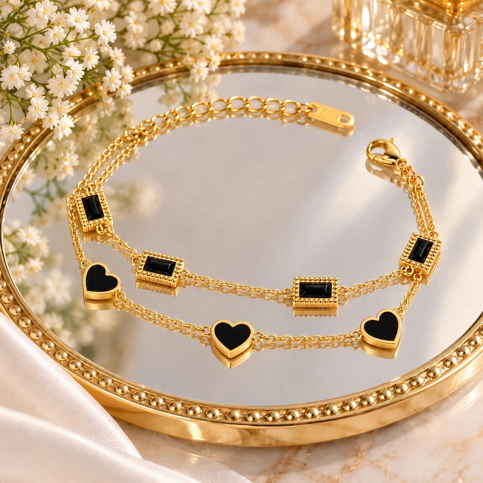 Double Layer Black Heart Bracelet - Premium Gold Plated view 2