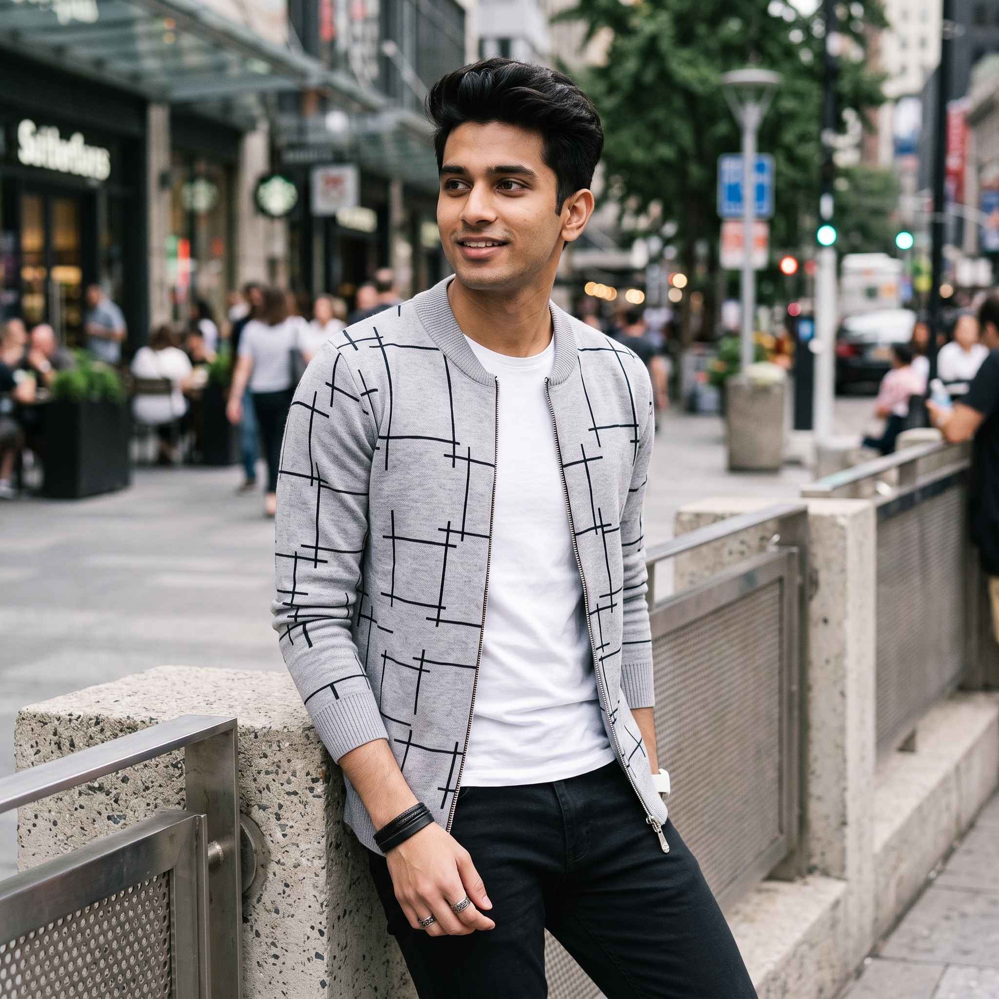 Men's Grey Checkered Bomber Jacket view 2