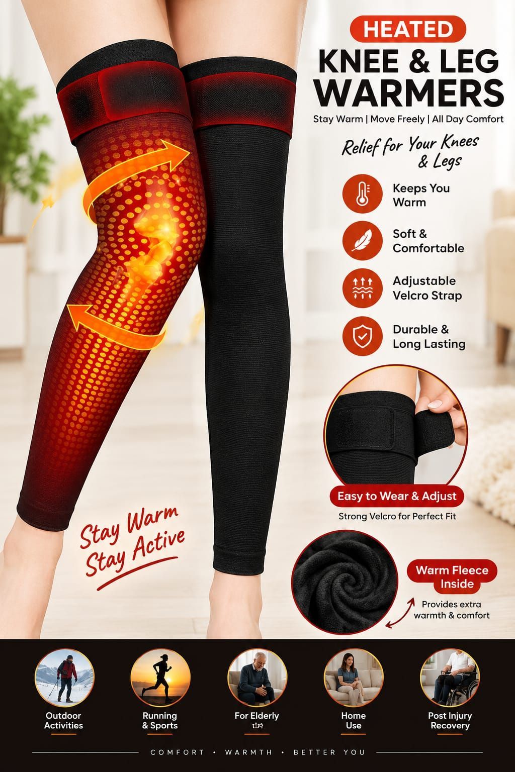 Thermal Knee & Leg Warmers - Adjustable Fleece Lined (Pair) view 3