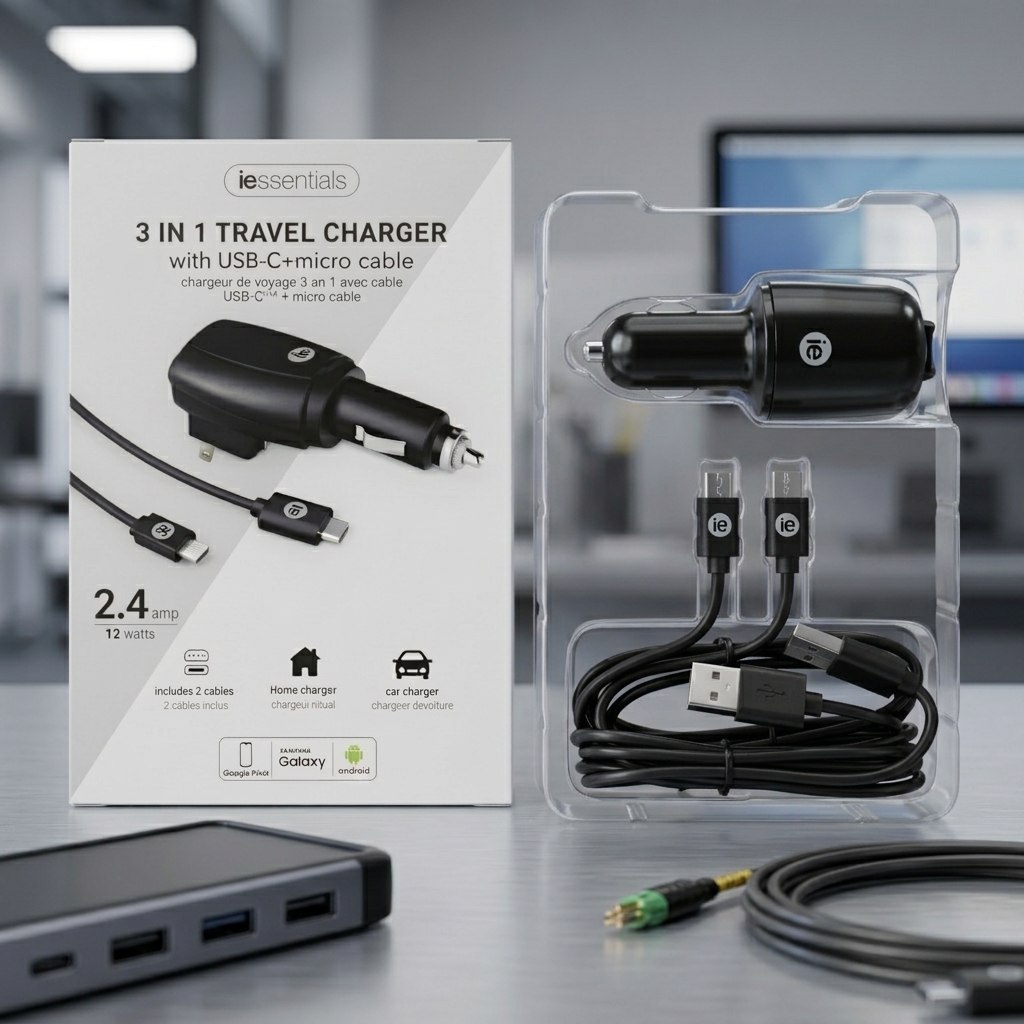 iEssentials 3-in-1 Travel Charger (Wall + Car) with USB-C & Micro-USB Cable view 3