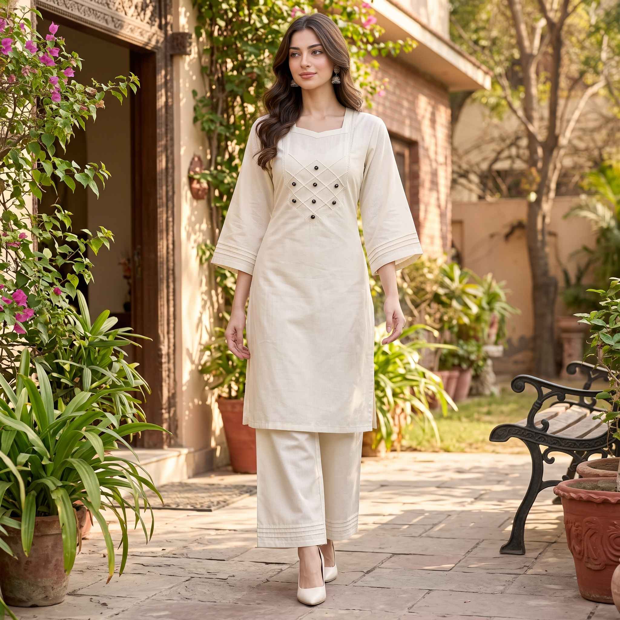 Elegant Ivory Georgette Embellished 2-Piece Ready-to-Wear Suit for Women