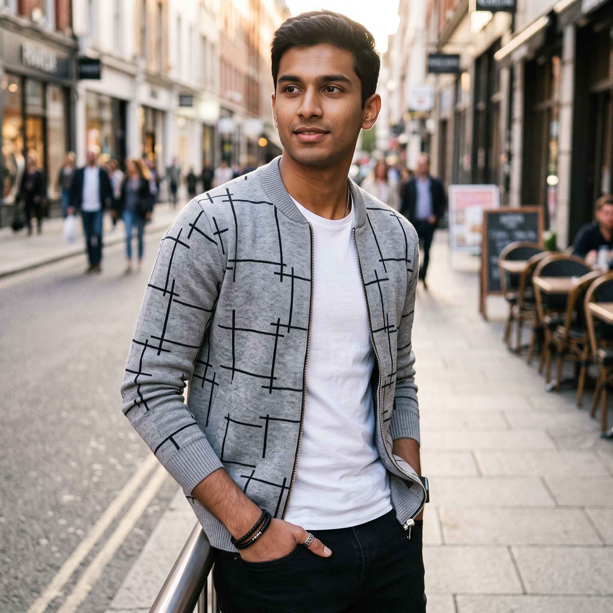 Men's Grey Checkered Bomber Jacket