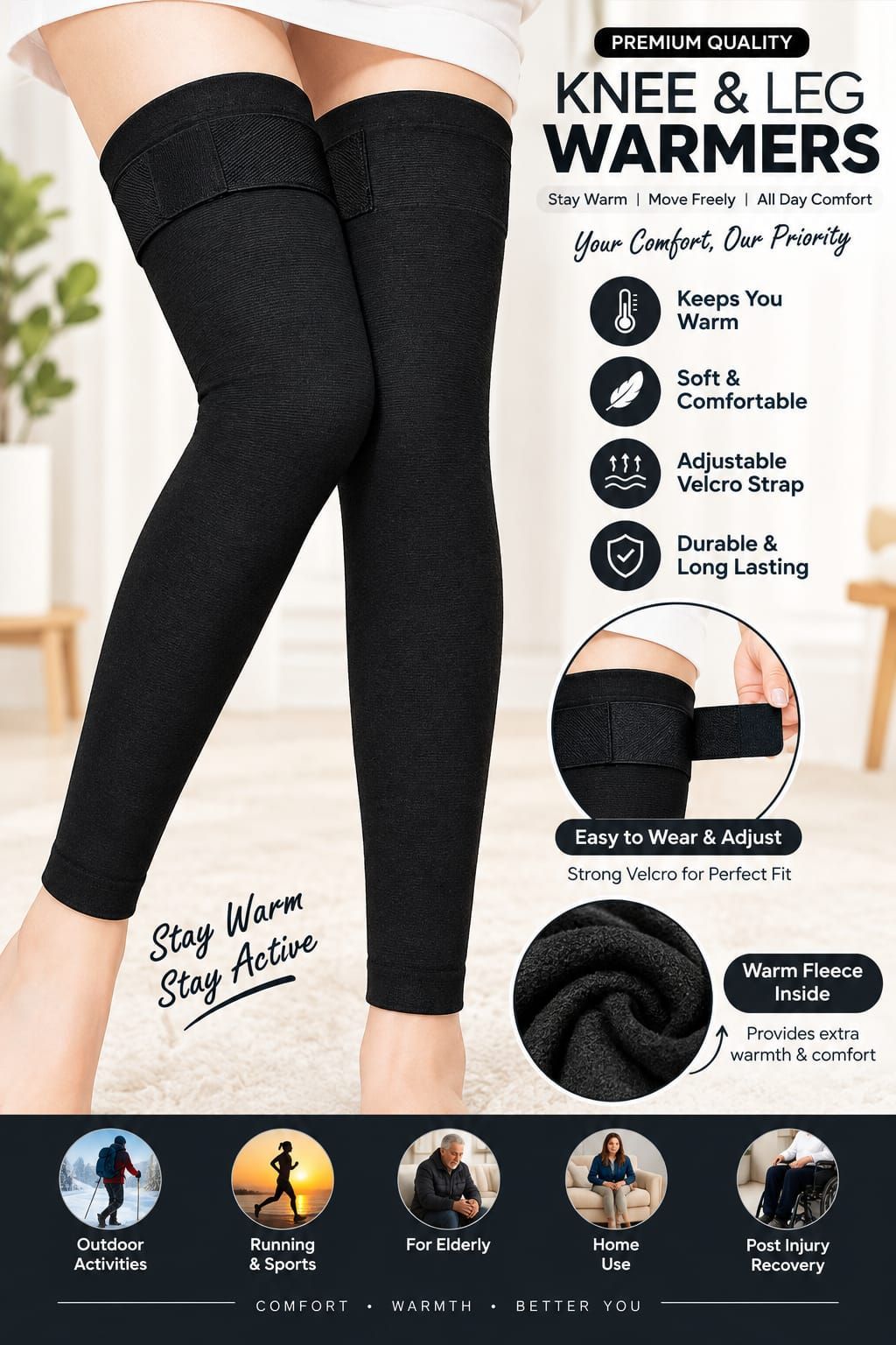 Thermal Knee & Leg Warmers - Adjustable Fleece Lined (Pair) view 2