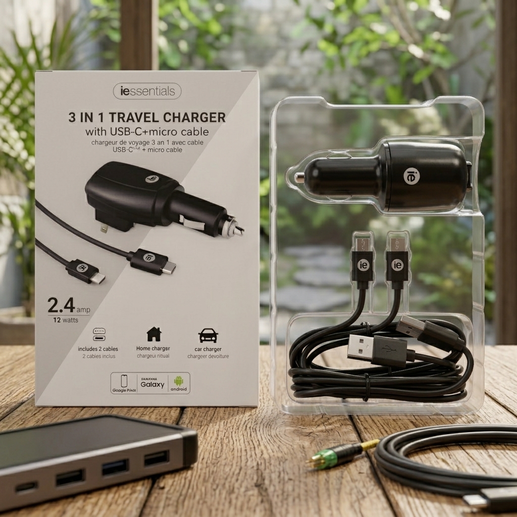 iEssentials 3-in-1 Travel Charger (Wall + Car) with USB-C & Micro-USB Cable view 2