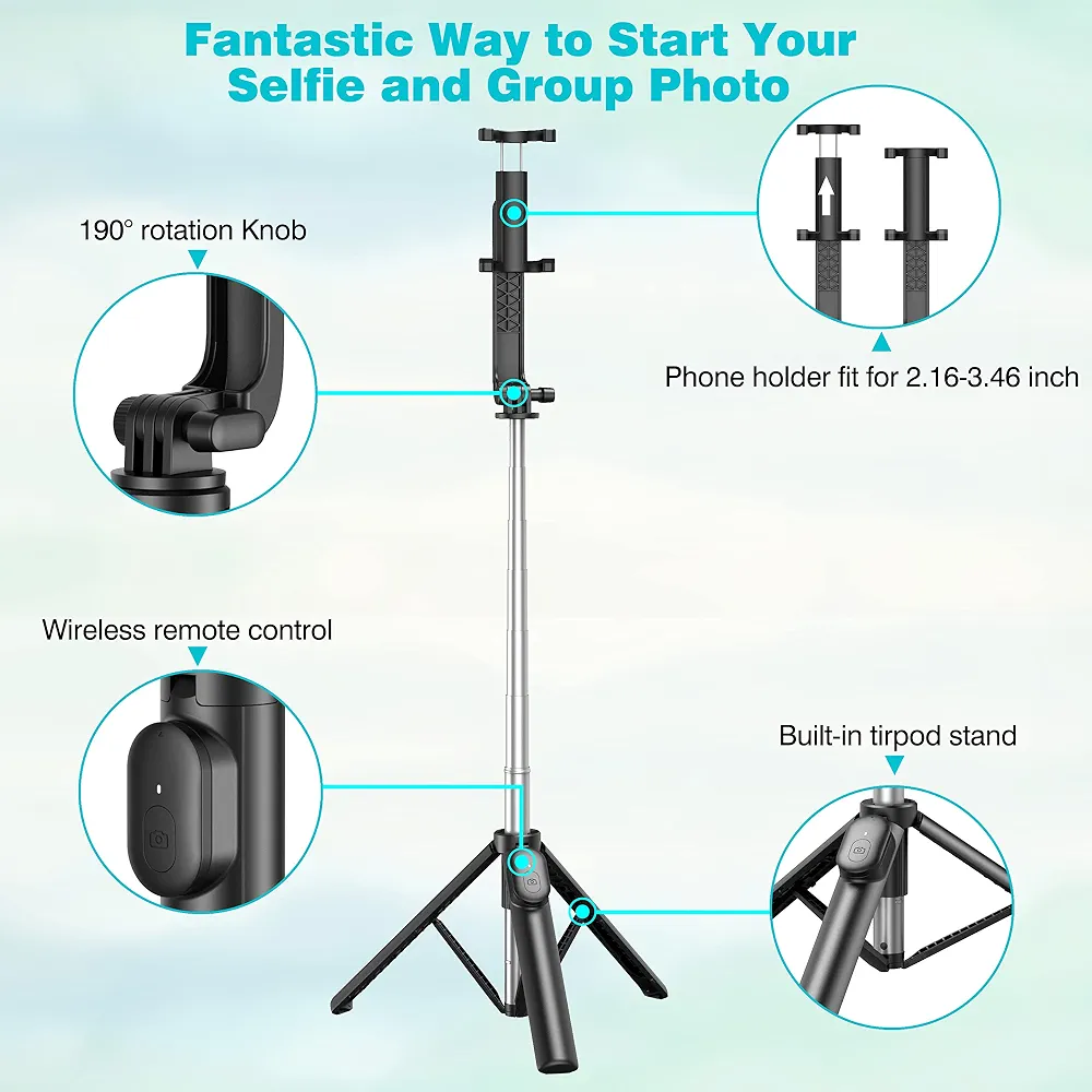 R1S Premium 3-in-1 Extendable Selfie Stick Tripod with Wireless Bluetooth Remote – Portable Phone Stand for TikTok, Vlogging, Live Streaming & Group Selfies | Universal iPhone & Android Holder view 5
