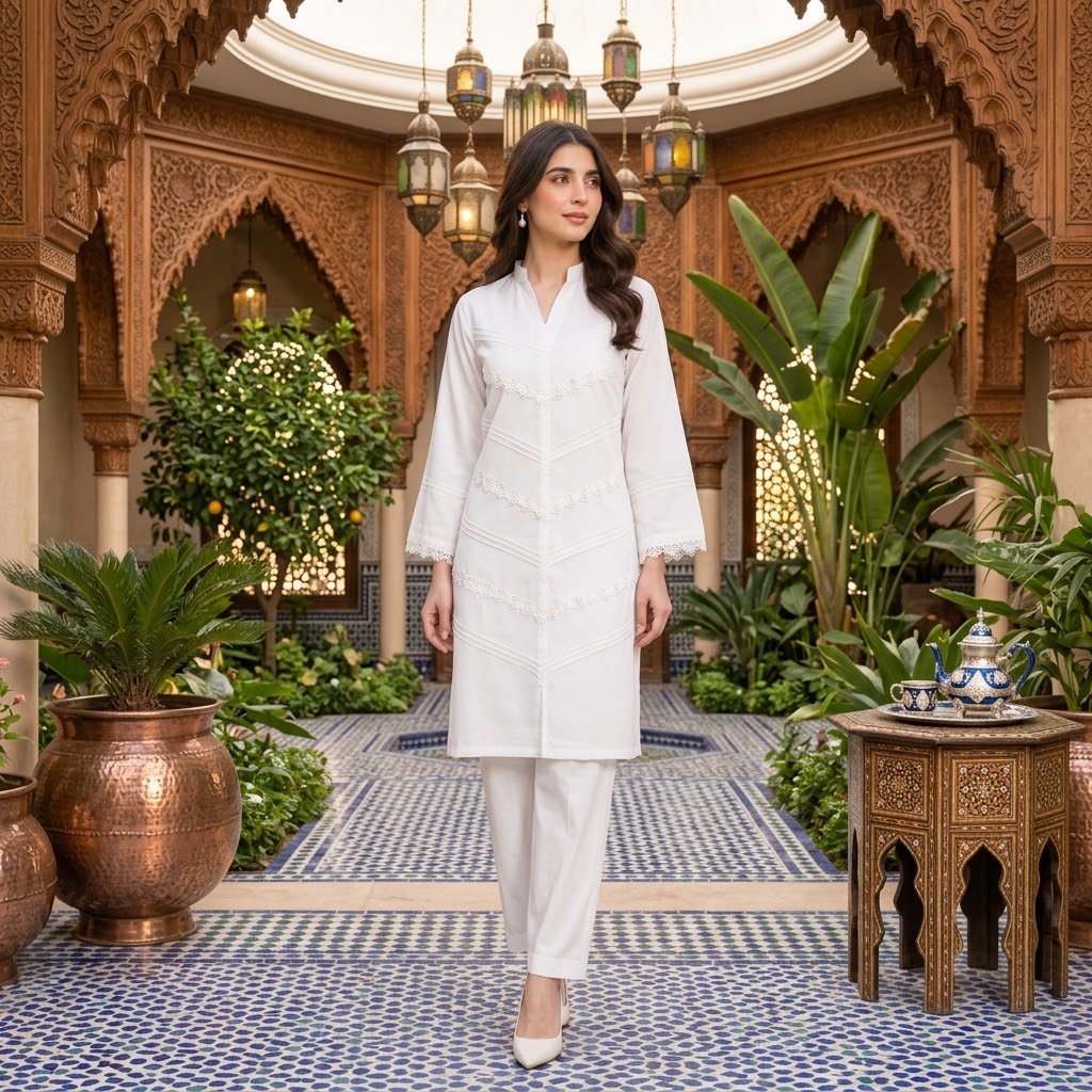 Luxury White Lace Detail 2 Piece Suit for Women | Modern Eastern Wear Collection