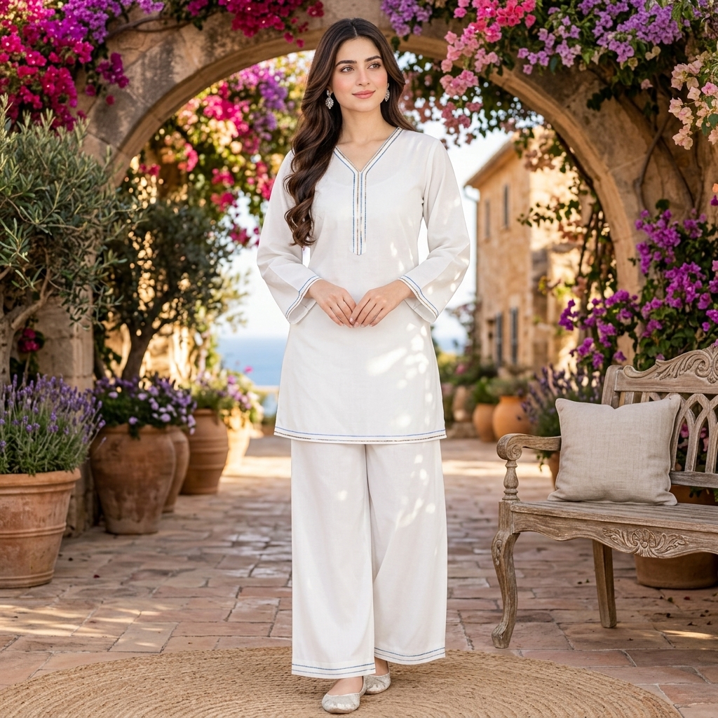 Women’s White Georgette Short Kurti Co-Ord Set with Multicolor Neckline & Sleeve Detailing view 2