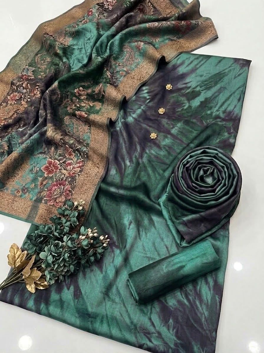 3 PCS Silky Digital Printed Suit - Green view 3