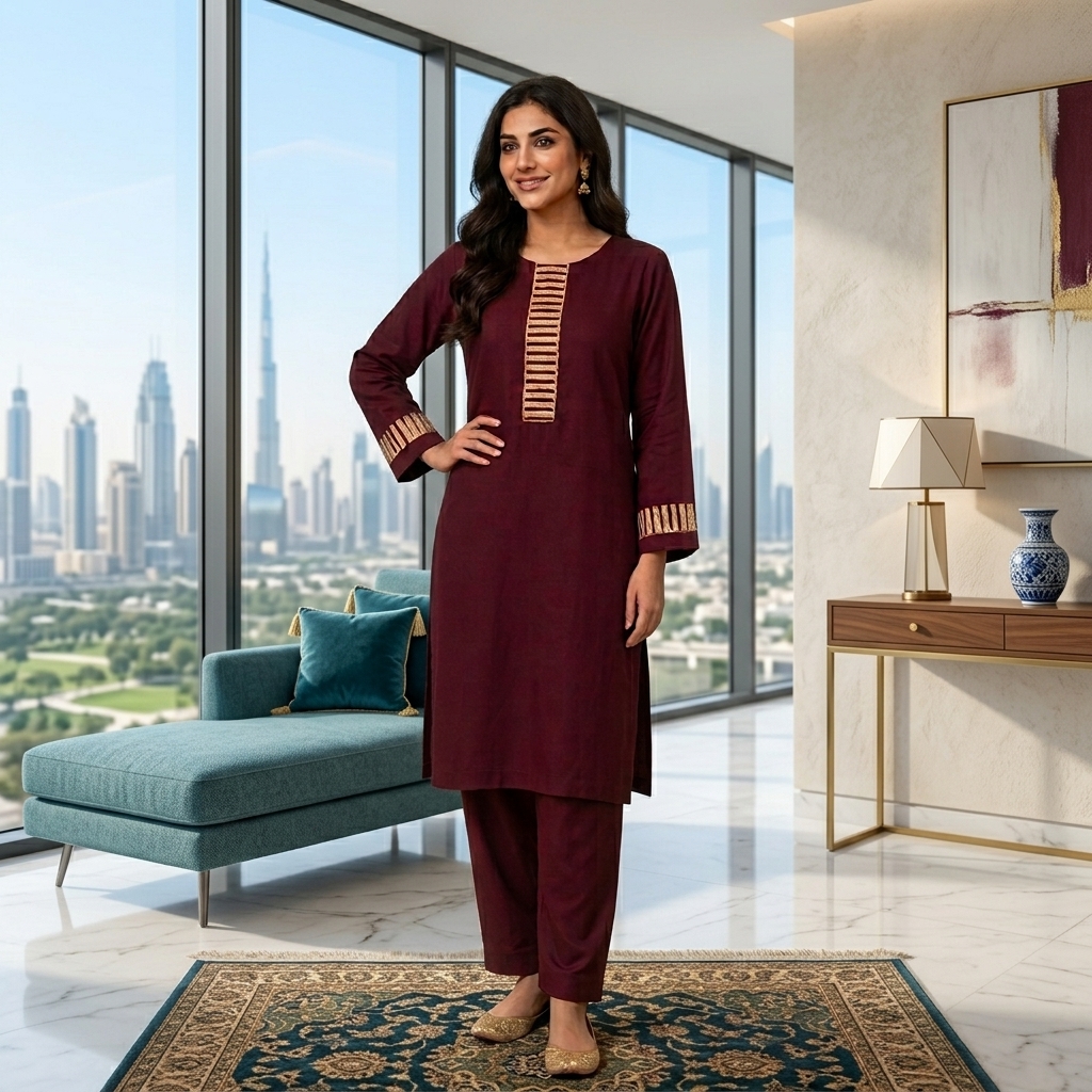 G Brand - Maroon 2-Piece Stitched Suit with Beige Ladder Detailing view 3