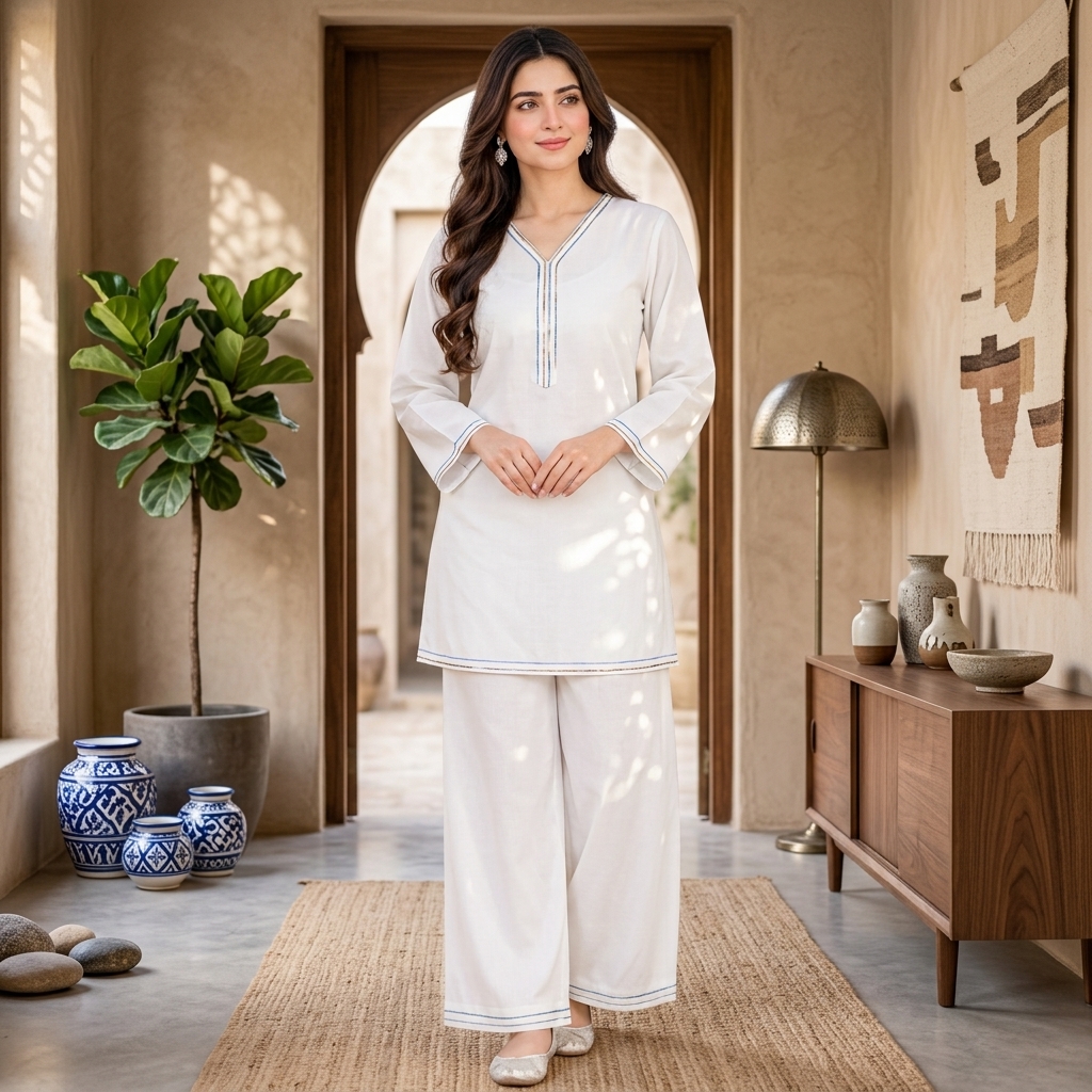 Women’s White Georgette Short Kurti Co-Ord Set with Multicolor Neckline & Sleeve Detailing