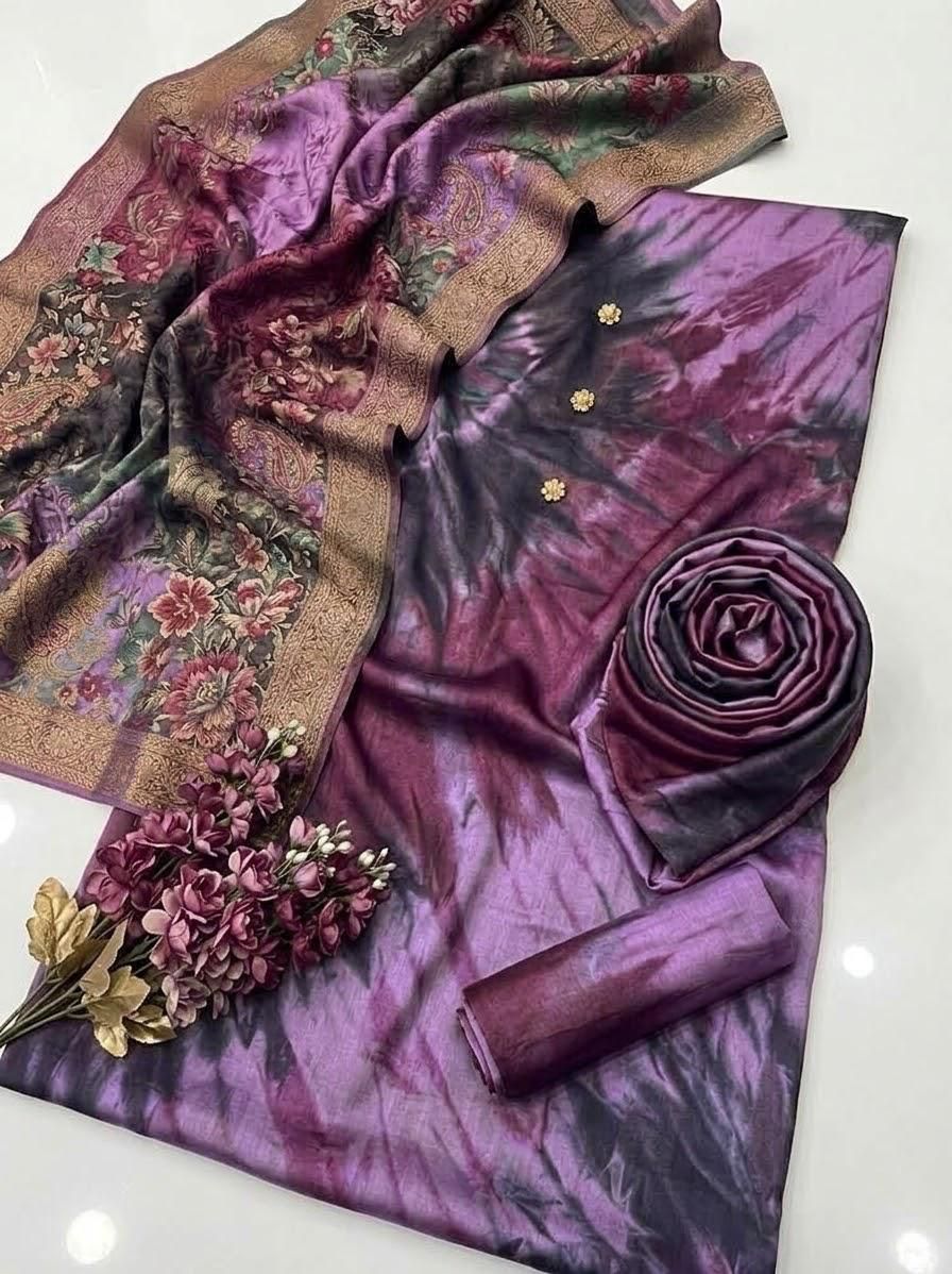 3-Piece Multi-Shaded Digital Printed Silky Suit - Purple view 3