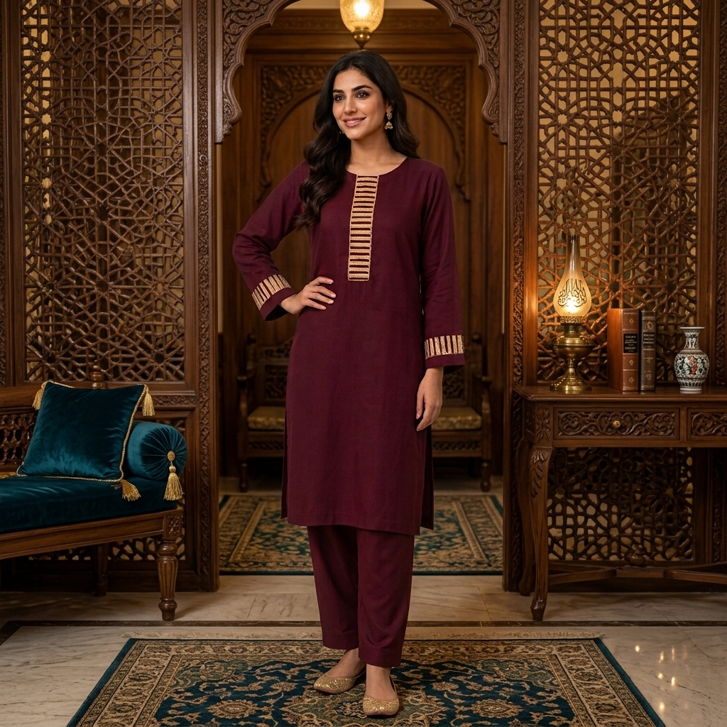 G Brand - Maroon 2-Piece Stitched Suit with Beige Ladder Detailing view 2