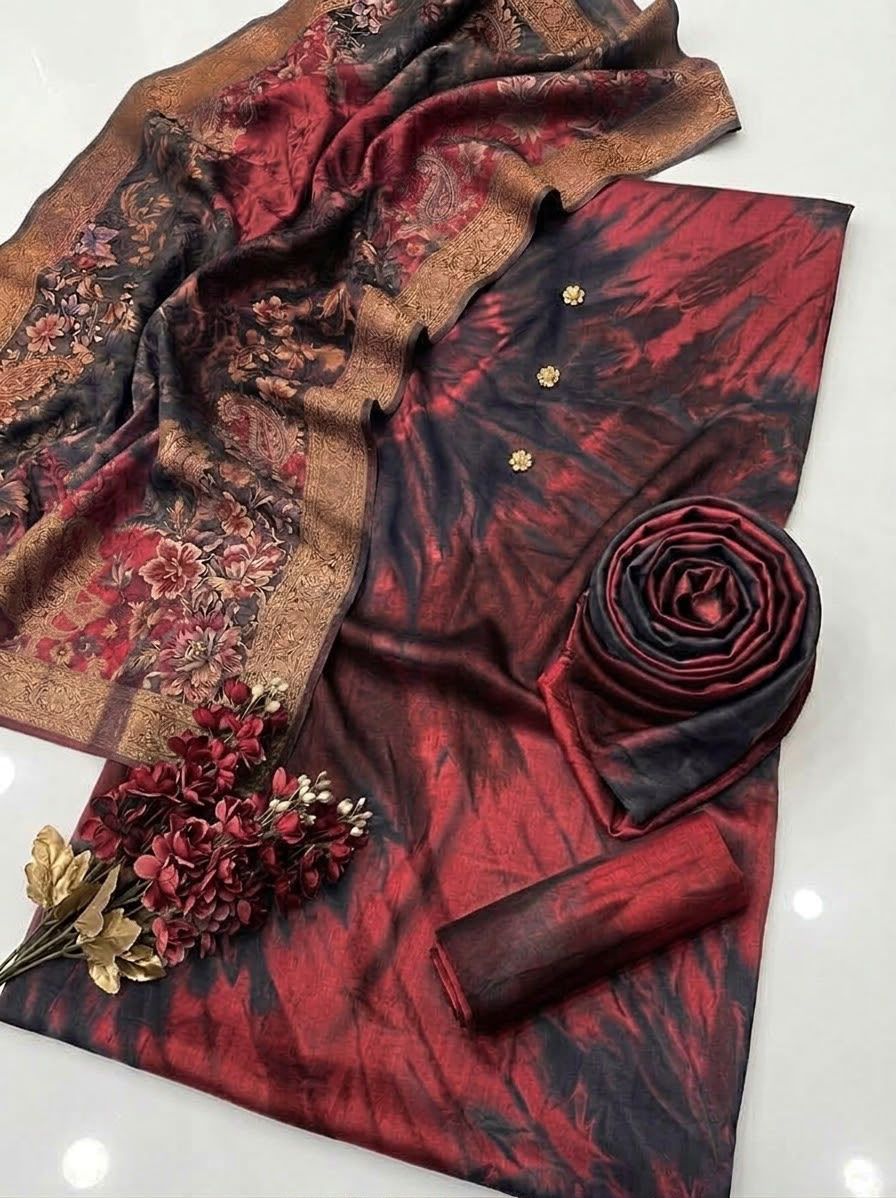 3-Piece Multi-Shaded Digital Printed Silky Suit - Maroon view 3