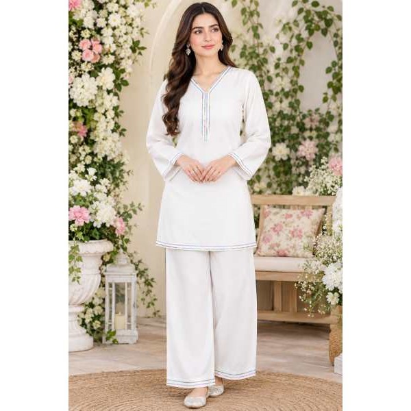 Women’s White Georgette Short Kurti Co-Ord Set with Multicolor Neckline & Sleeve Detailing view 3