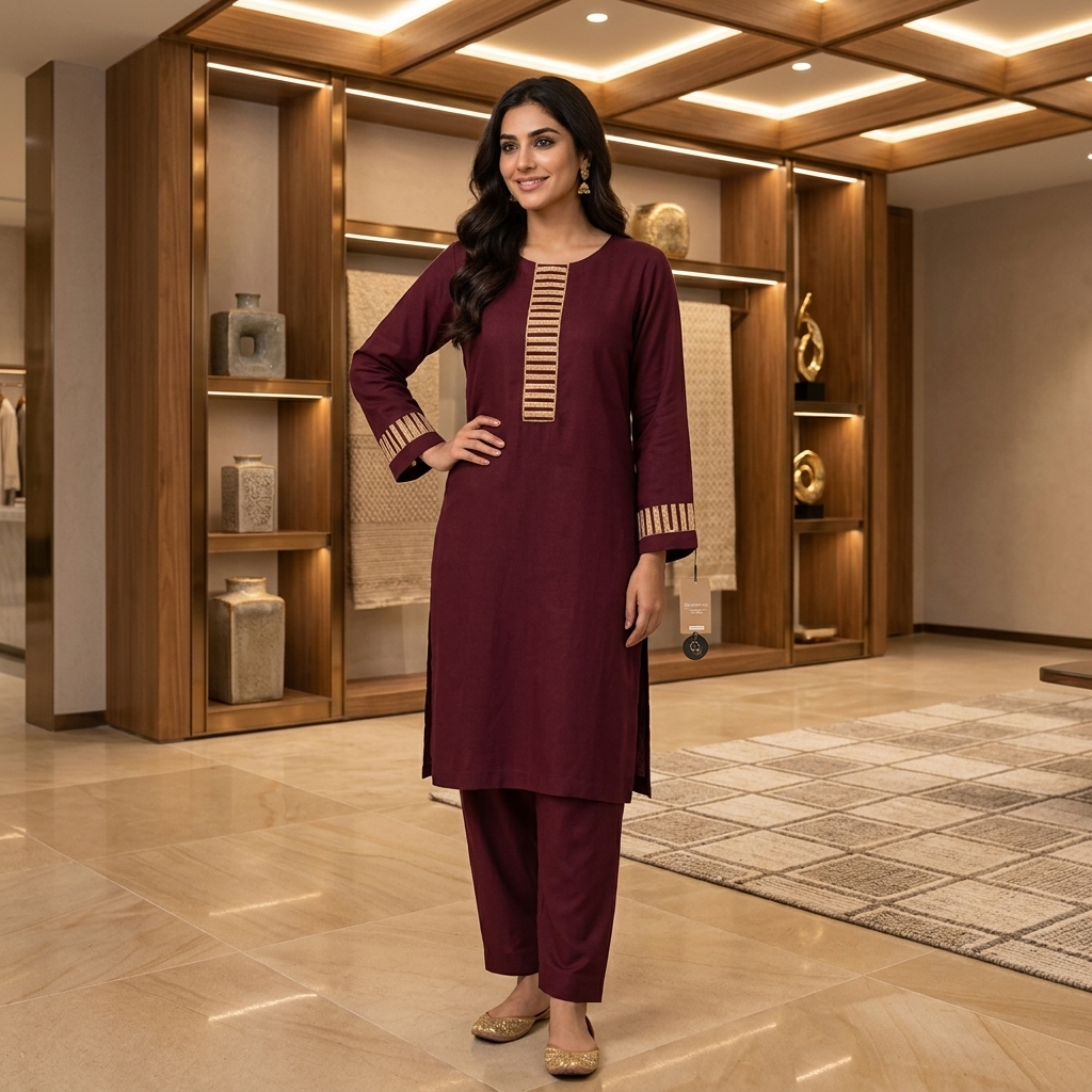 G Brand - Maroon 2-Piece Stitched Suit with Beige Ladder Detailing