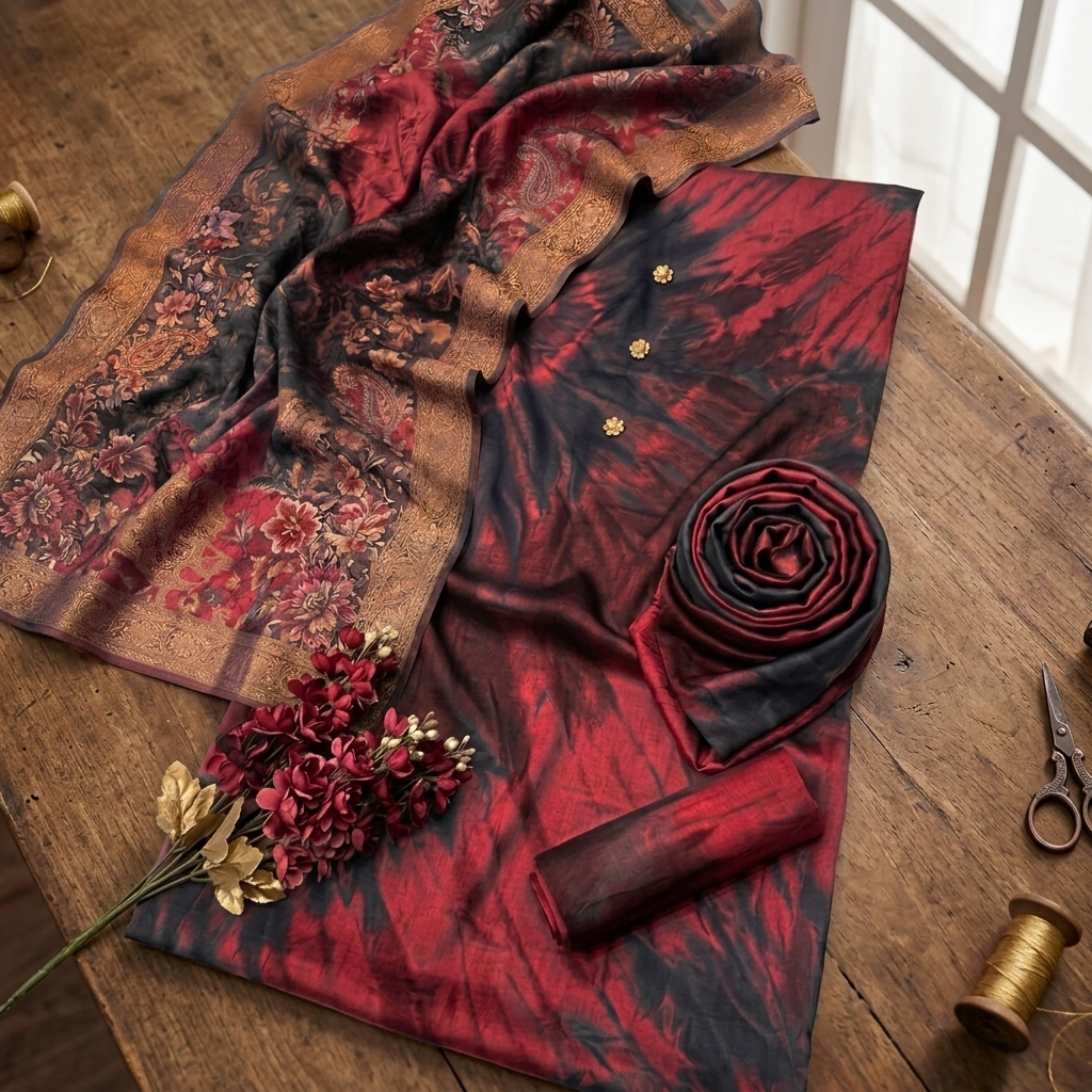 3-Piece Multi-Shaded Digital Printed Silky Suit - Maroon