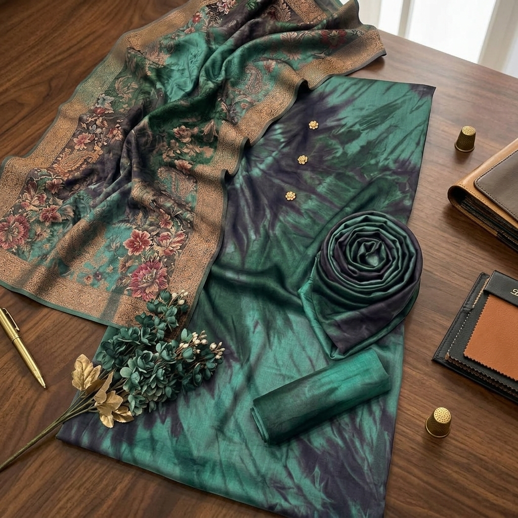 3 PCS Silky Digital Printed Suit - Green