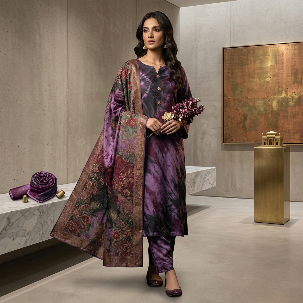 3-Piece Multi-Shaded Digital Printed Silky Suit - Purple view 2