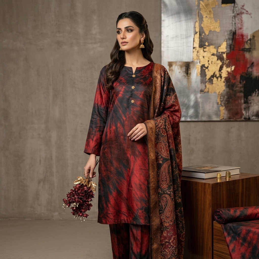 3-Piece Multi-Shaded Digital Printed Silky Suit - Maroon view 2