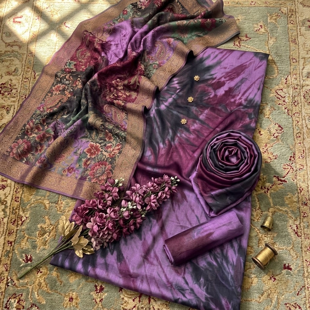 3-Piece Multi-Shaded Digital Printed Silky Suit - Purple
