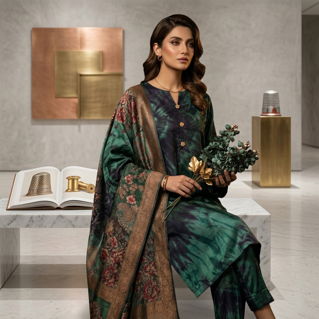 3 PCS Silky Digital Printed Suit - Green view 2