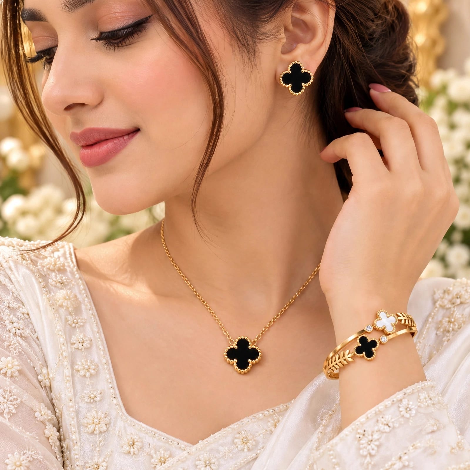 Van Cleef Inspired 4-Pcs Clover Luxury Set - Black & White - Stainless Steel - Adjustable Bangle + Pendant + Earrings  Anti-tarnish
